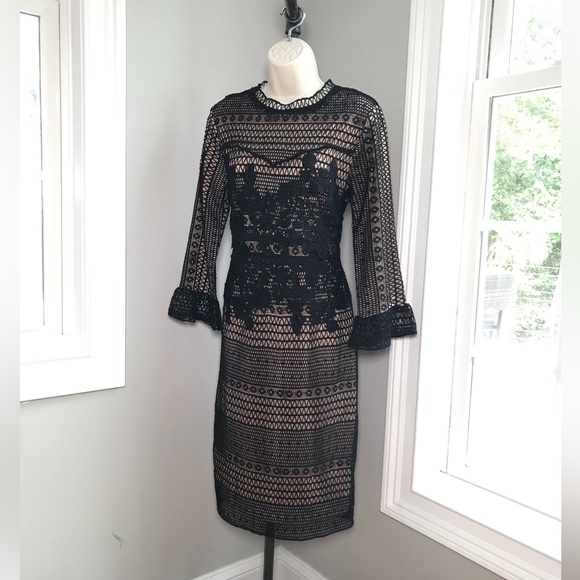 Polagram Anthropologie Black Lace Beige Lining Cocktail Dress ~ Women’s Medium - Picture 3 of 10